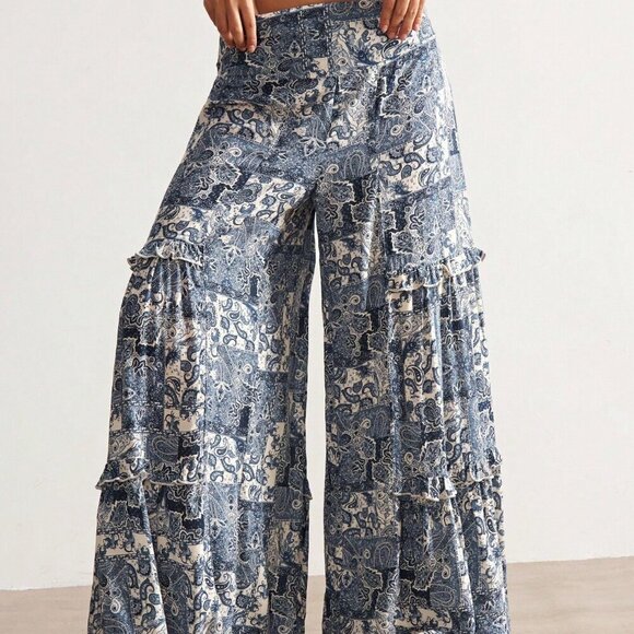 Blue Boho Women's Paisley Print Ruffled Wide Leg Pants - Picture 3 of 7